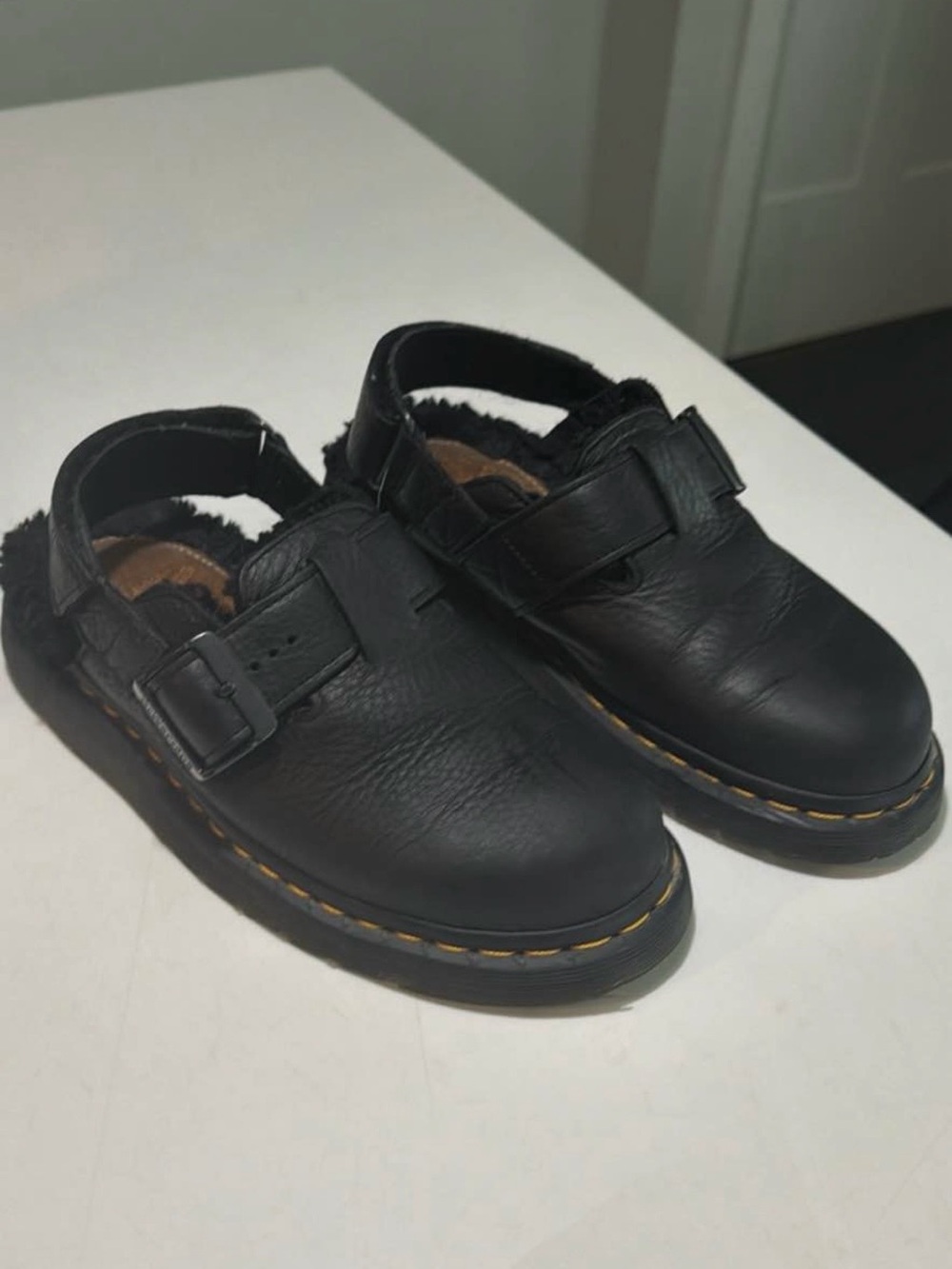 Dr. Martens Black Leather Slingback Clog Sandals with Yellow Stitching